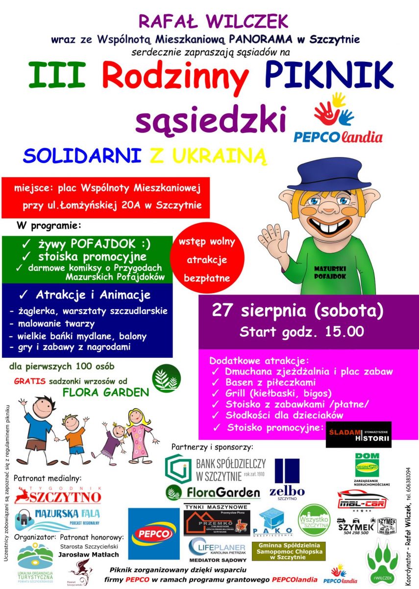 Plakat zapraszający do Szczytna na 3. edycję Rodzinnego Pikniku Sąsiedzkiego w Szczytnie. 