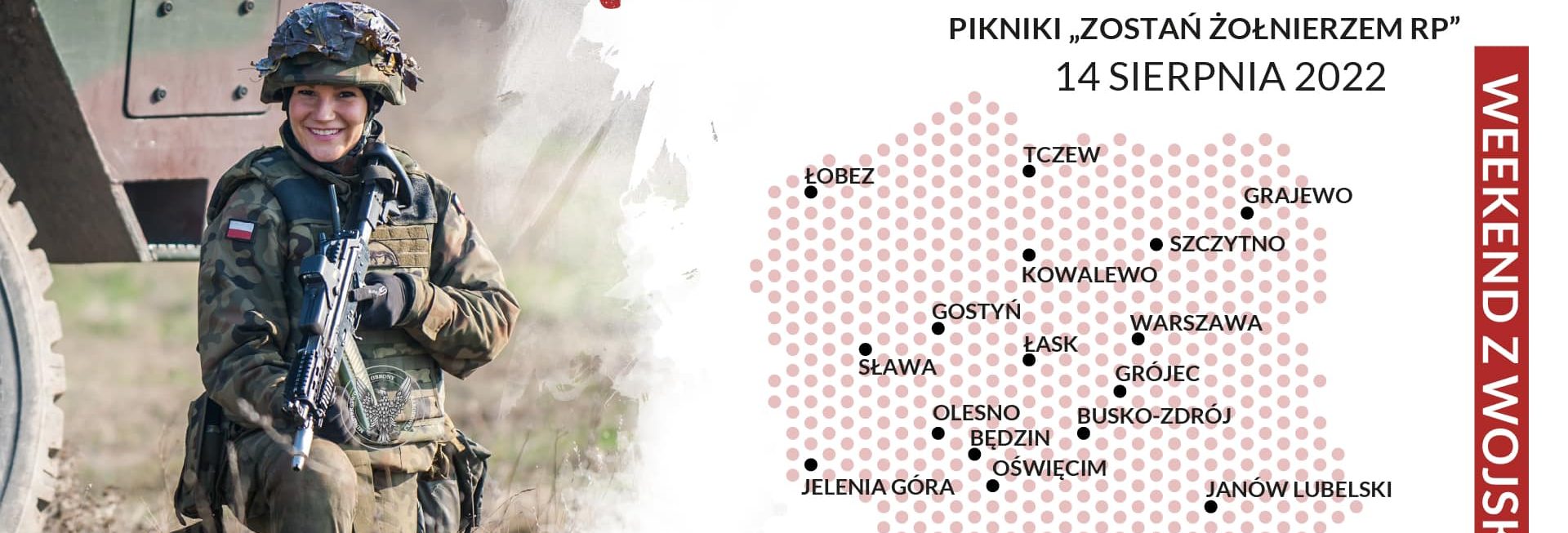 Plakat zapraszający do Szczytna na Weekend z Wojskiem - Piknik "Zostań Żołnierzem RP" Szczytno 2022. 