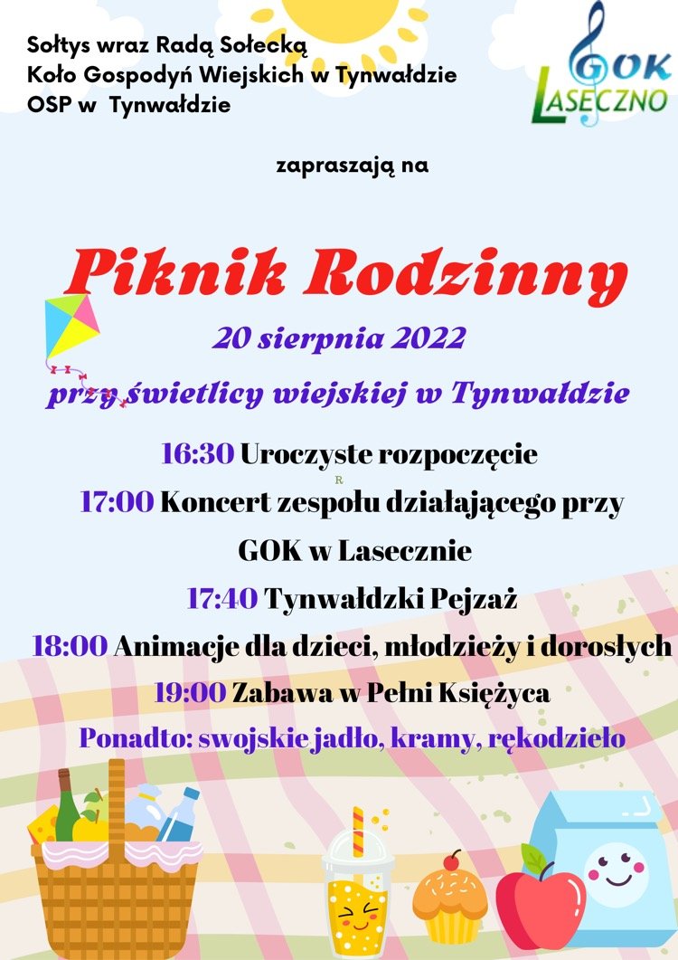 Plakat zapraszający do miejscowości Tynwałd w gminie Iława na Piknik Rodzinny w Tynwałd 2022.