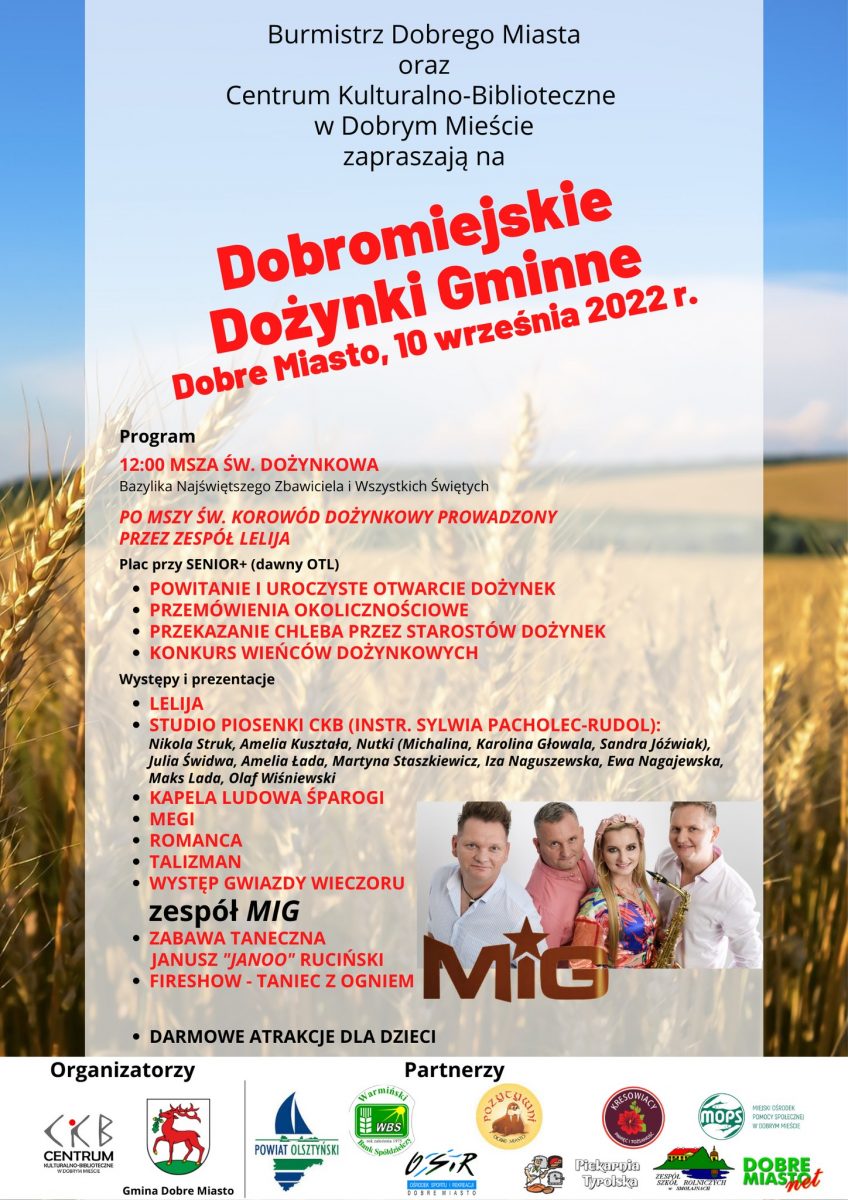Plakat zapraszający do Dobrego Miasta na Dobromiejskie Dożynki Gminne 2022.