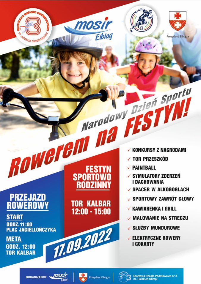 Plakat zapraszający do Elbląga na Narodowy Dzień Sportu "Rowerem na Festyn" Elbląg 2022.