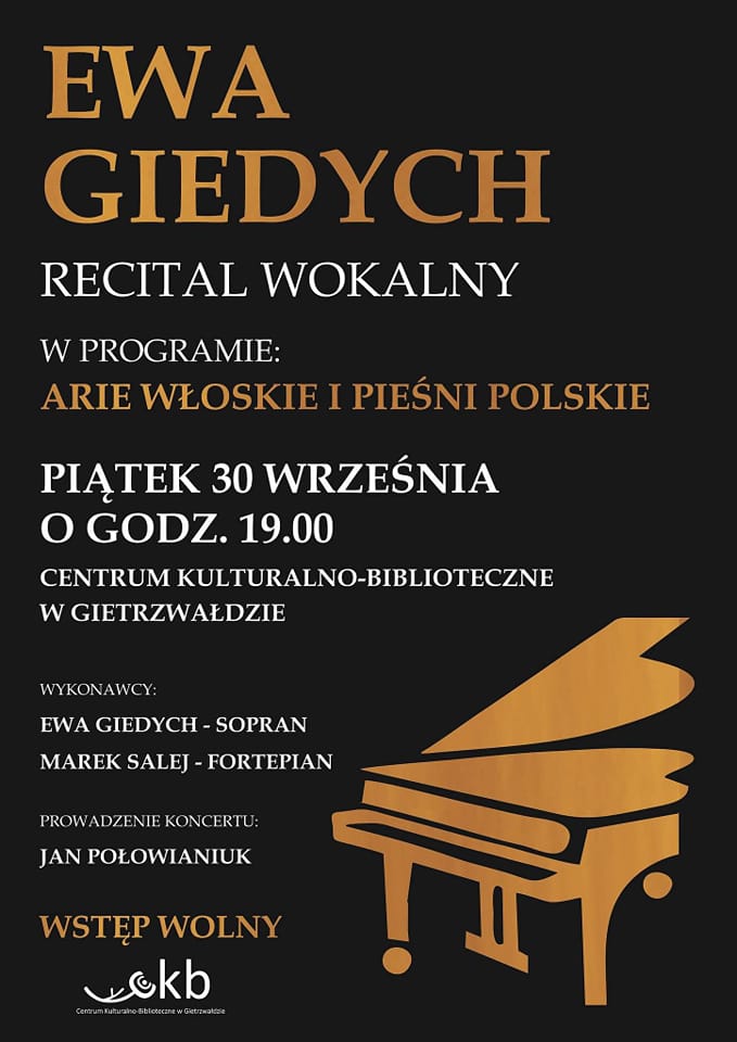 Plakat zapraszający do Centrum Kulturalno-Biblioteczne w Gietrzwałdzie na recital wokalny Ewy Giedych Gietrzwałd 2022.