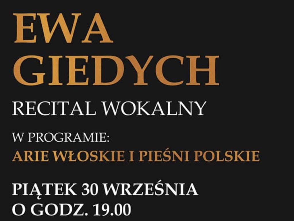 Plakat zapraszający do Centrum Kulturalno-Biblioteczne w Gietrzwałdzie na recital wokalny Ewy Giedych Gietrzwałd 2022.