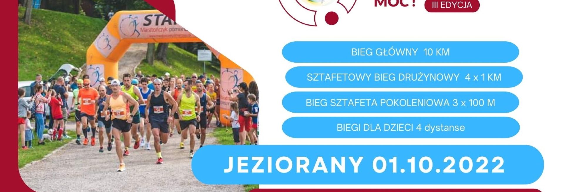 Plakat zapraszający do Jezioran na Bieg "Wykuwamy biegową moc!" Jeziorany 2022.