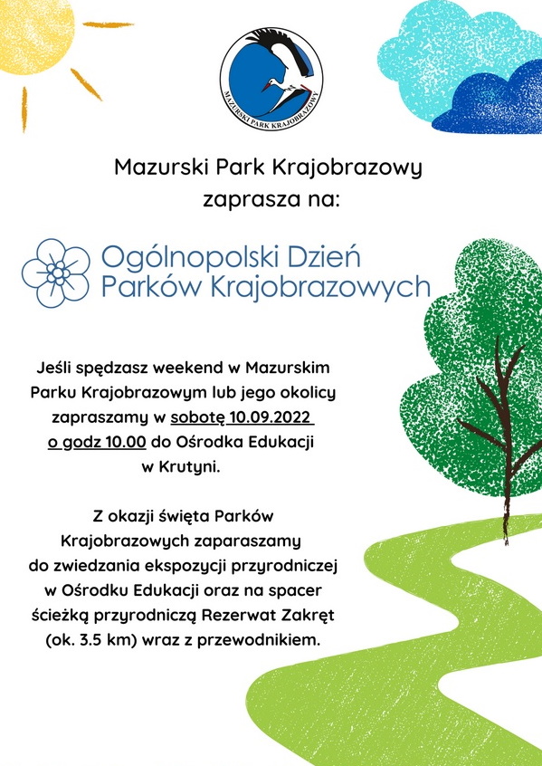 Plakat zapraszający do Krutyni na Ogólnopolski Dzień Parków Krajobrazowych - Mazurski Park Krajobrazowy Krutyń 2022.