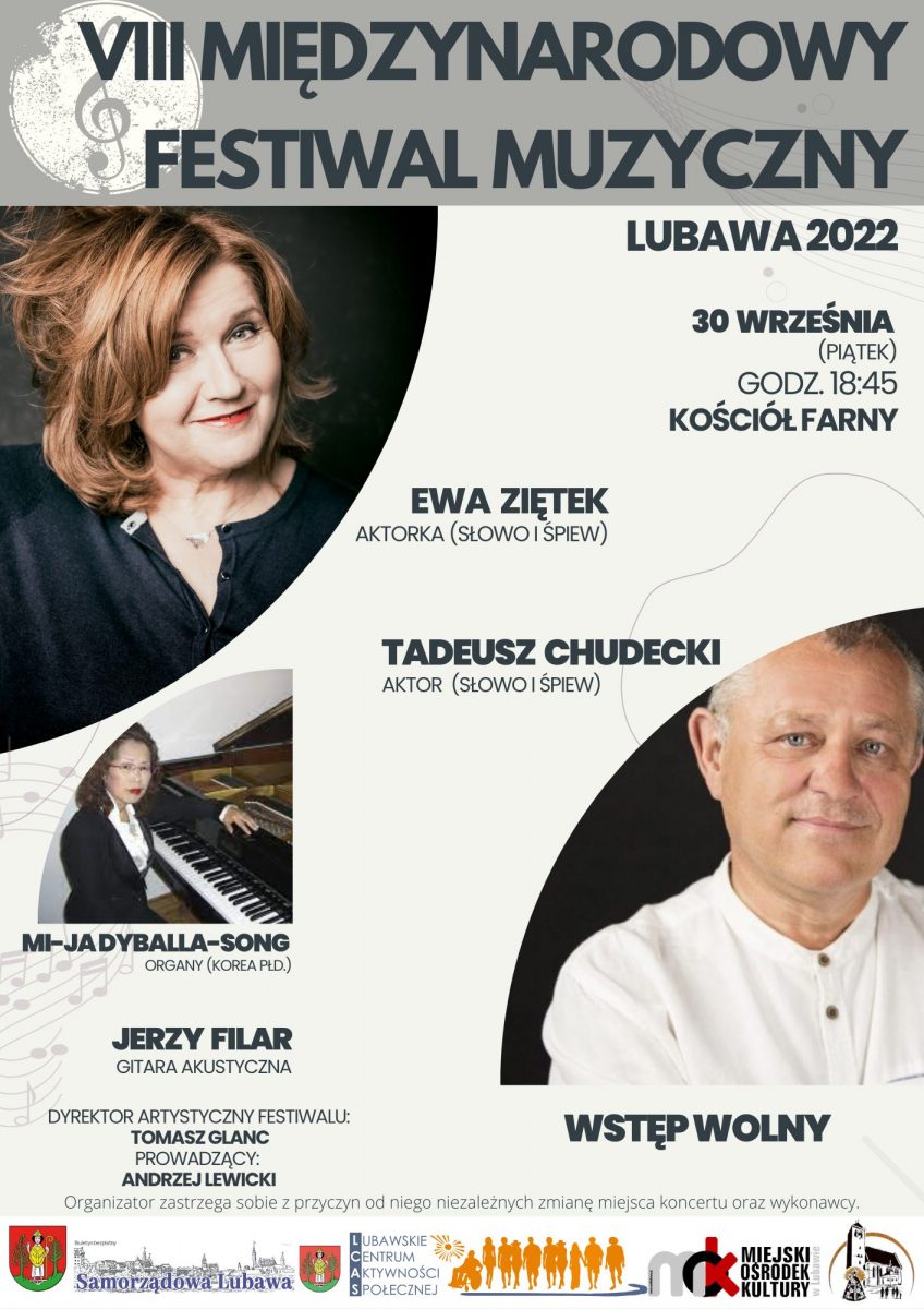 Plakat zapraszający do Lubawy na 8. edycję Międzynarodowego Festiwalu Muzycznego Lubawa 2022.