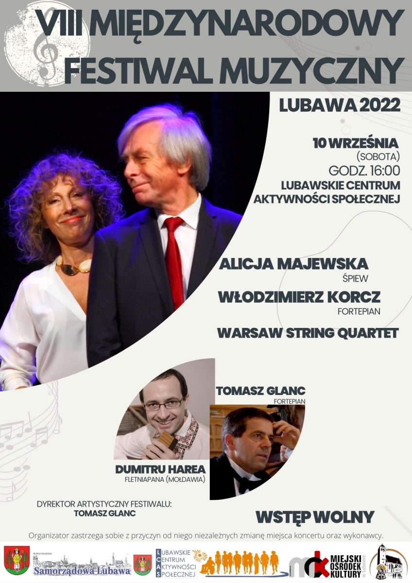 Plakat zapraszający do Lubawy na 8. edycję Międzynarodowego Festiwalu Muzycznego Lubawa 2022. 