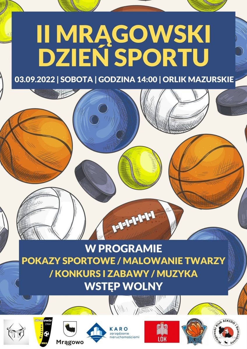 Plakat zapraszający do Mrągowa na Mrągowski Dzień Sportu 2022.  