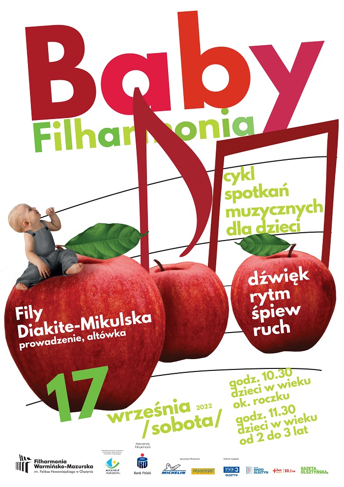 Plakat zapraszający do Olsztyna na Baby Filharmonia - zajęcia umuzykalniające dla dzieci w wieku 1-3 lat organizowane w Warmińsko-Mazurskiej Filharmonii w Olsztynie.  