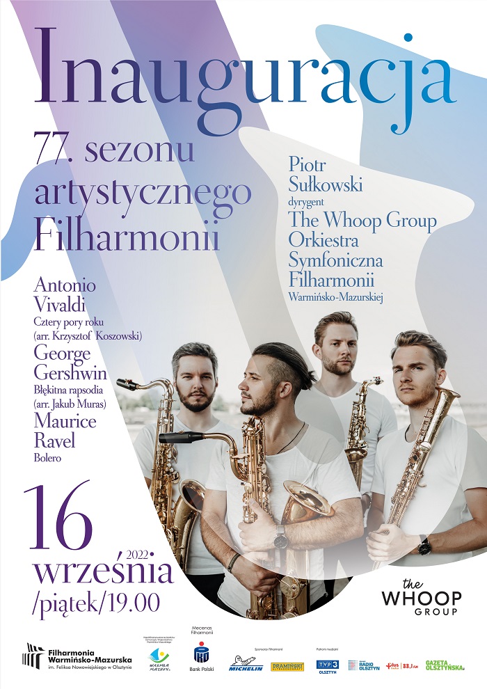 Plakat zapraszający do Olsztyna na koncert Inauguracja 77. sezonu artystycznego Filharmonii Olsztyn 2022.