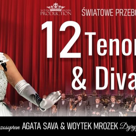 Plakat zapraszający do Olsztyna na koncert 12 Tenorów & Diva Filharmonia Olsztyn 2023.