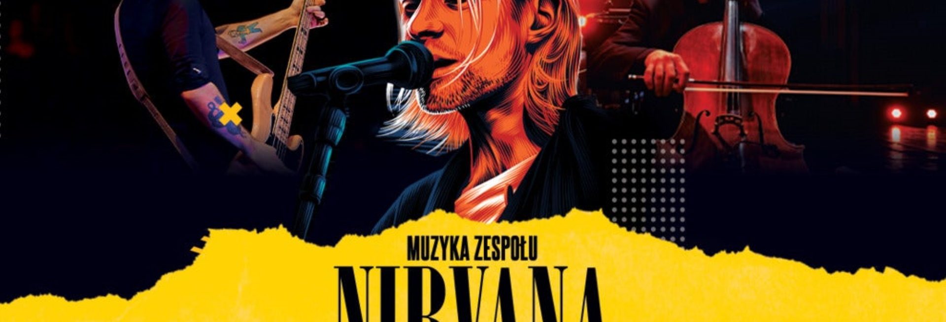 Plakat zapraszający do Olsztyna na koncert Muzyka Zespołu Nirvana Symfonicznie Filharmonia Olsztyn 2023.