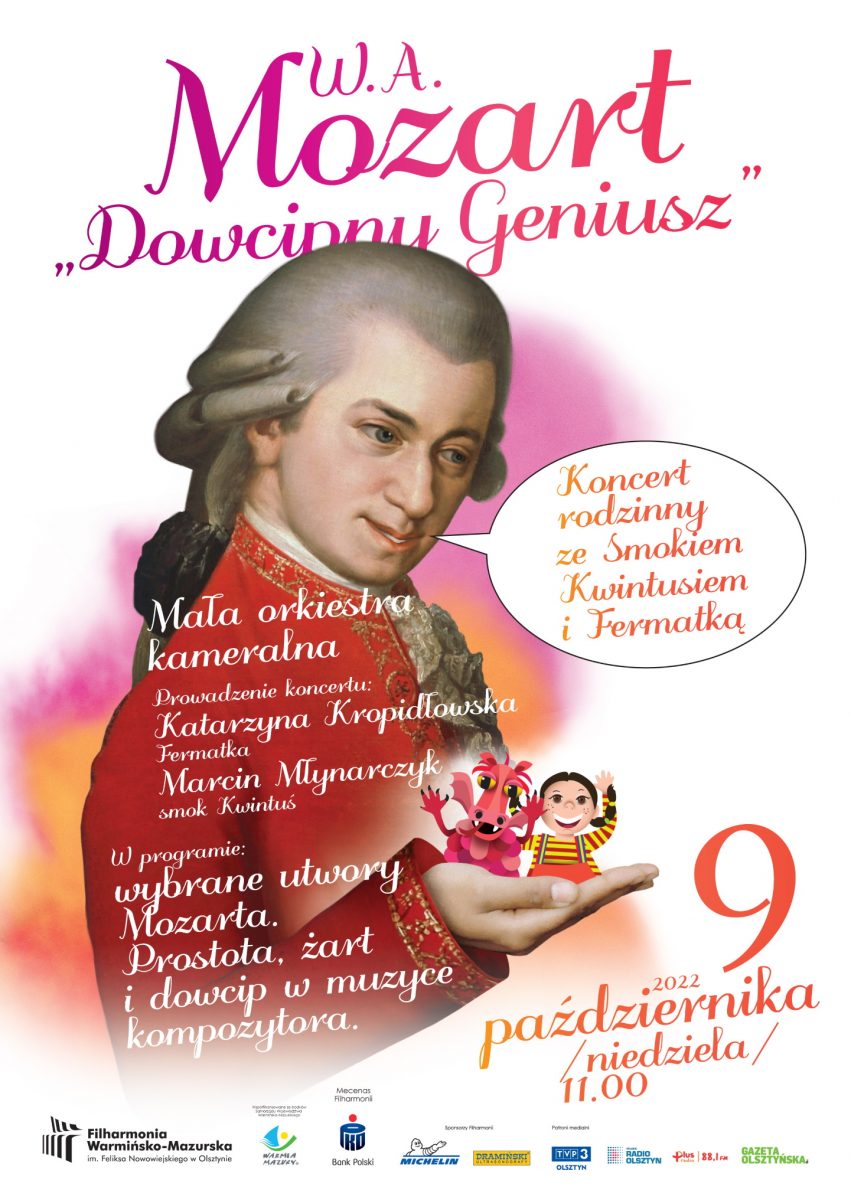 Plakat zapraszający do Olsztyna na koncert rodzinny ze Smokiem Kwintusiem i Fermatką w Filharmonii Warmińsko-Mazurskiej w Olsztynie.