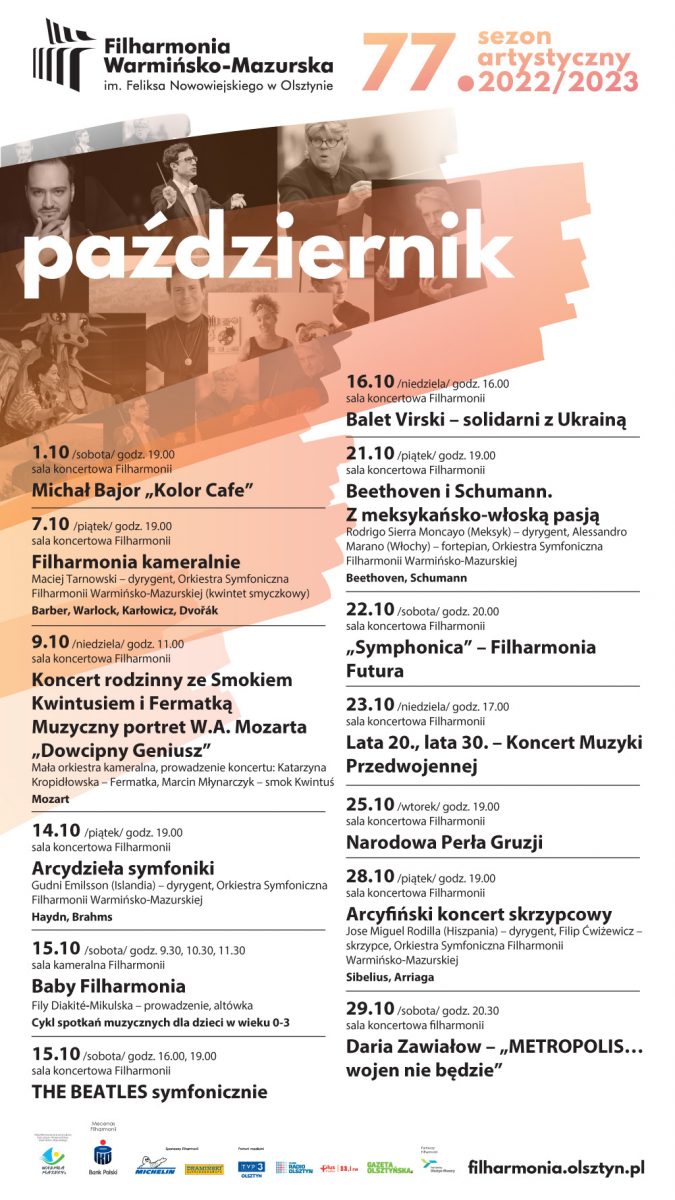 Plakat zapraszający do Filharmonii w Olsztynie na wydarzenia organizowane w miesiącu październiku 2022 r.    