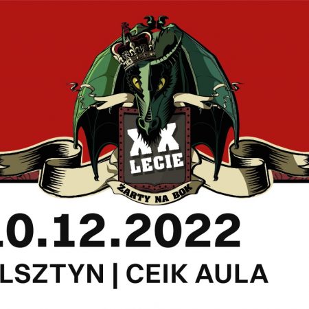 Plakat zapraszający do Centrum Edukacji i Inicjatyw Kulturalnych w Olsztynie na koncert zespołu Łydka Grubasa XX-Lecie Dirty Shirt Olsztyn 2022.