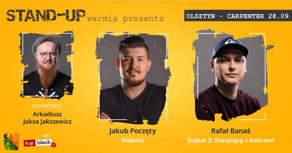 Plakat zapraszający do Olsztyna na Stand-up JAKUB POCZĘTY & RAFAŁ BANAŚ Olsztyn 2022.