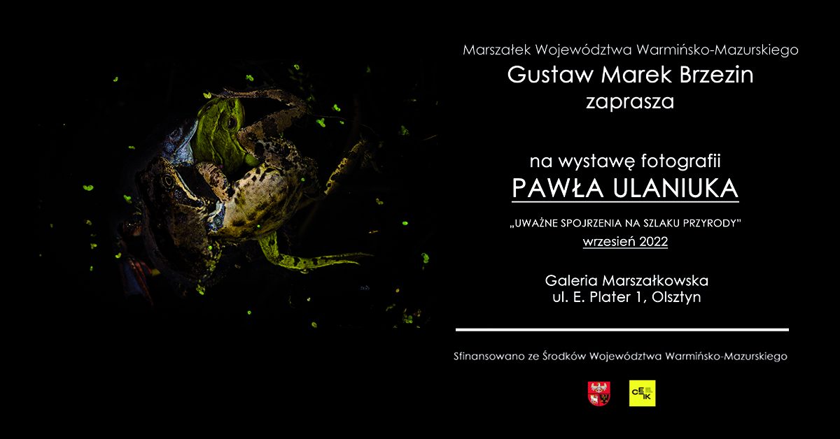 Plakat zapraszający do Galerii Marszałkowskiej w Olsztynie na wystawę fotografii Pawła Ulaniuka "Uważne spojrzenia na szlaku przyrody" Olsztyn 2022. 