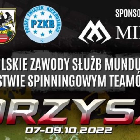 Plakat zapraszający do Orzysza na Ogólnopolskie Zawody Służb Mundurowych w Wędkarstwie Spinningowym Teamów z łodzi - Orzysz 2022.