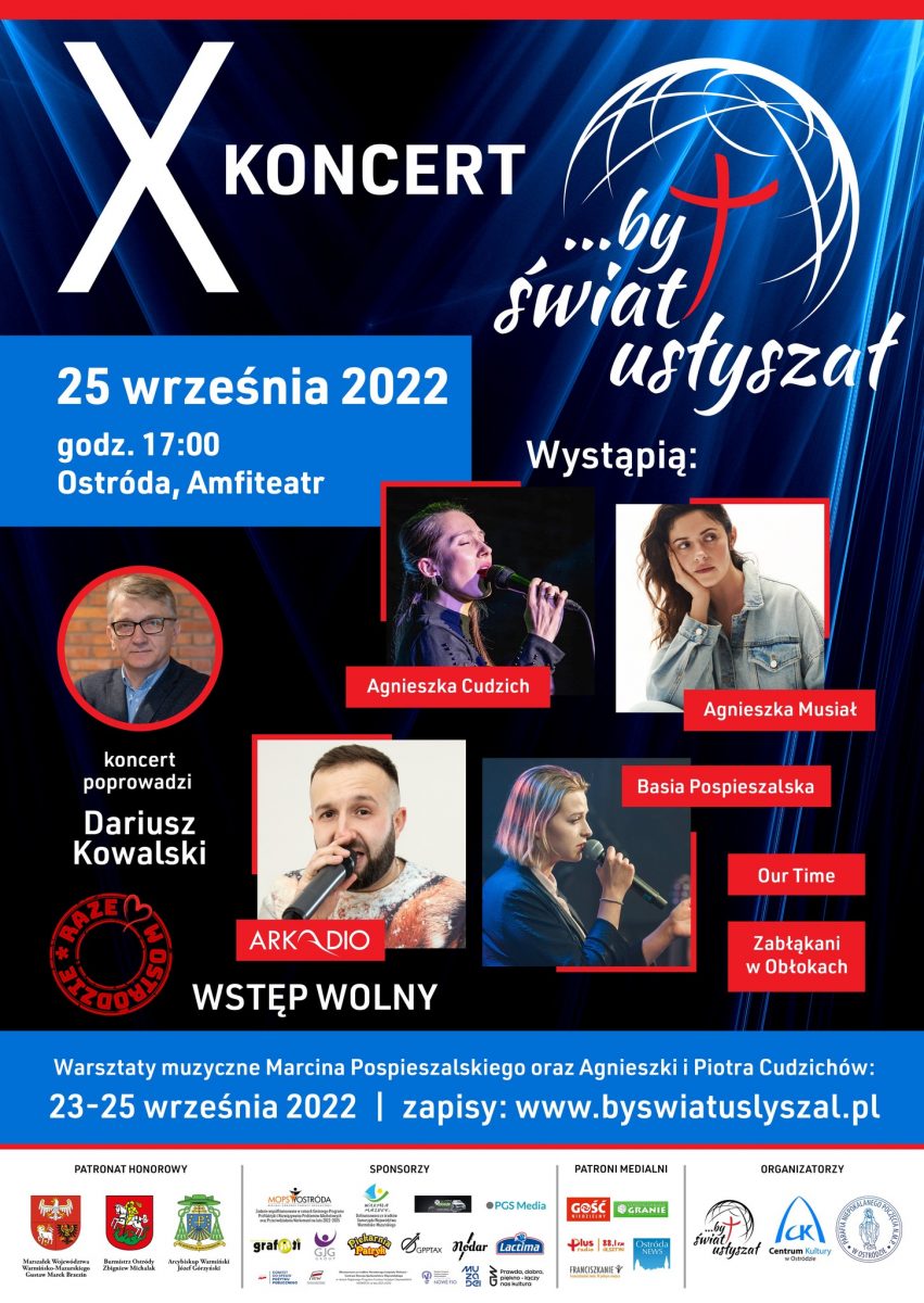 Plakat zapraszający do Ostródy na 10. edycję koncertu …By świat usłyszał - Ostróda 2022.