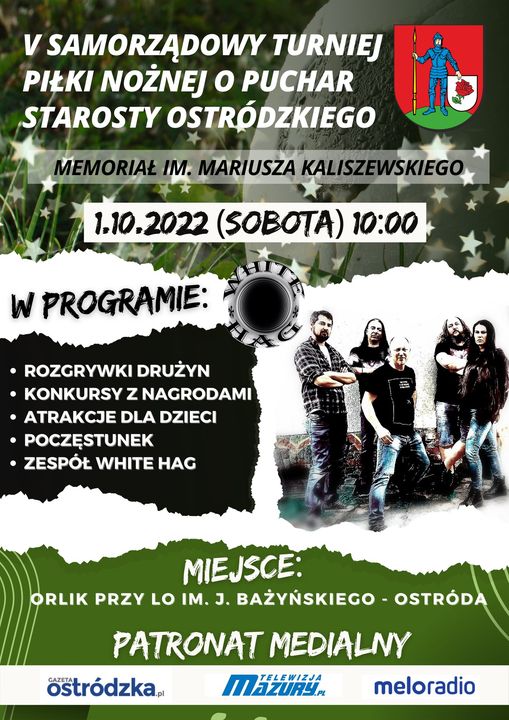 Plakat zapraszający do Ostródy na 5. edycję Samorządowego Turnieju Piłki Nożnej o Puchar Starosty Ostródzkiego - Ostróda 2022