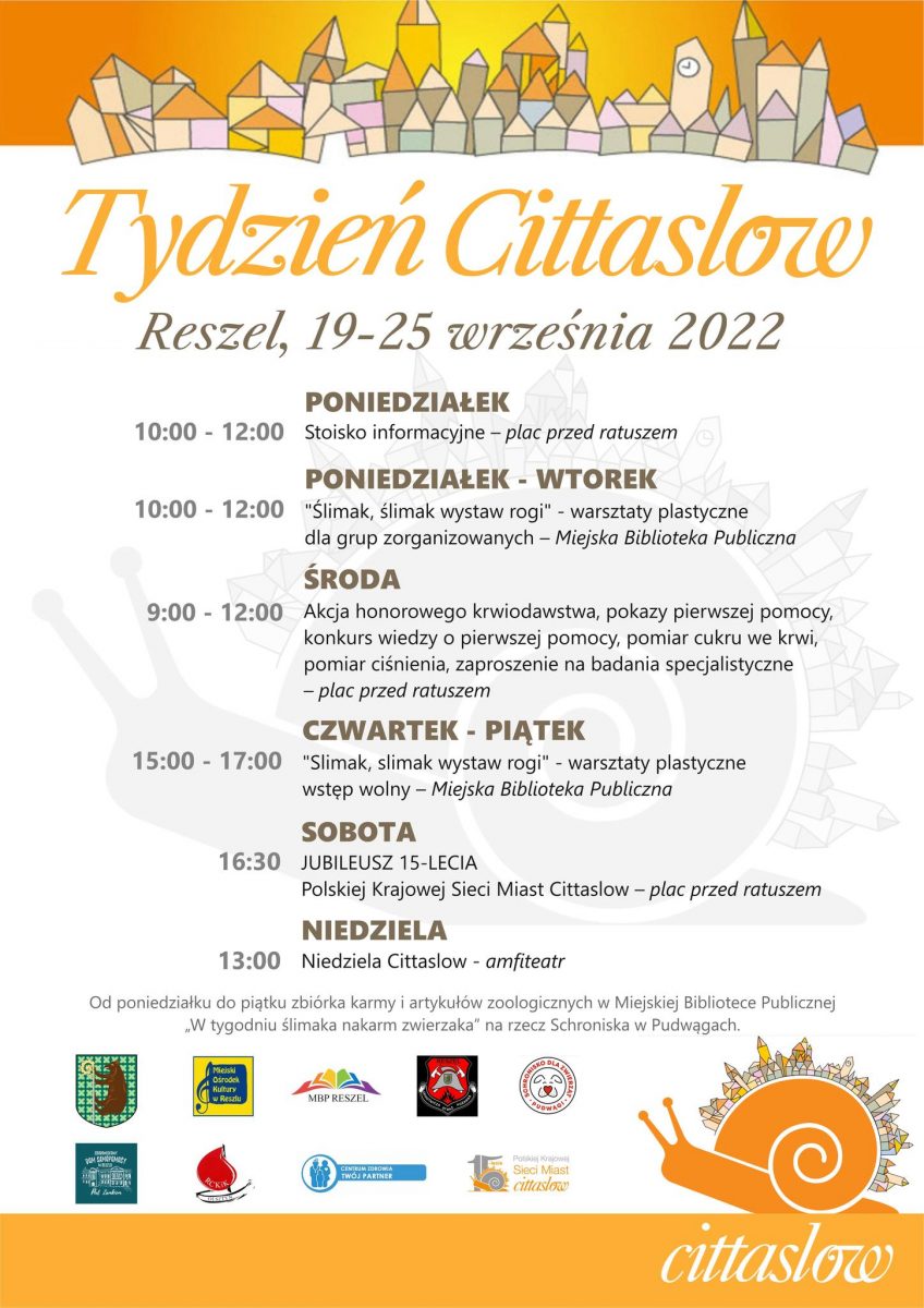 Plakat zapraszający do Reszla na Tydzień Cittaslow 2022 w Reszlu.