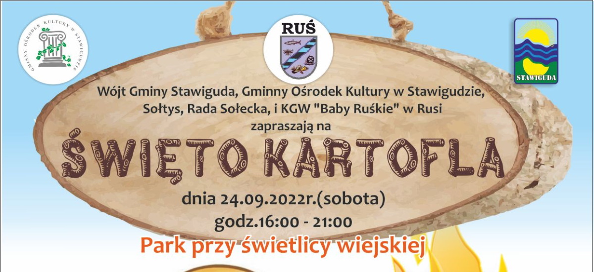 Plakat zapraszający do miejscowości Ruś w gminie Stawiguda na Święto Kartofla w Rusi 2022.