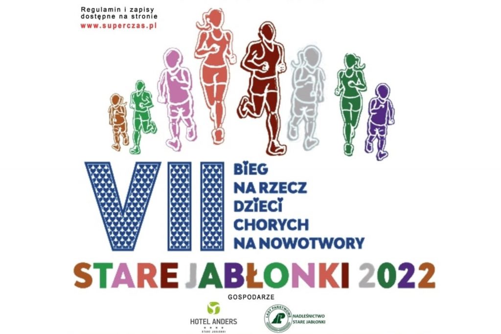 Plakat zapraszający do Starych Jabłonek na bieg charytatywny na rzecz Dzieci chorych na nowotwory Stare Jabłonki 2022.