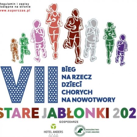 Plakat zapraszający do Starych Jabłonek na bieg charytatywny na rzecz Dzieci chorych na nowotwory Stare Jabłonki 2022.