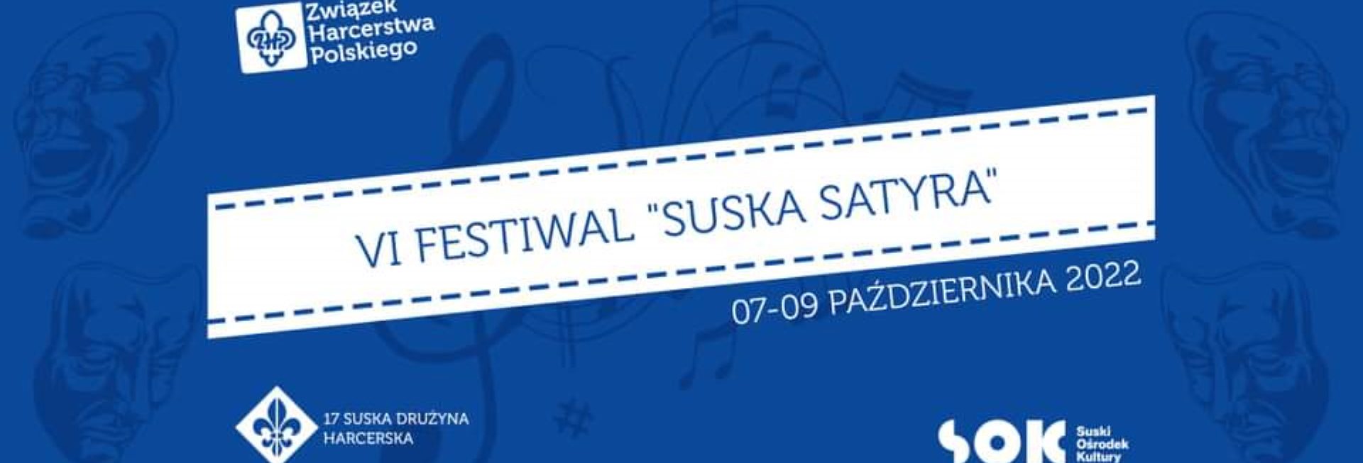 Plakat zapraszający do miejscowości Susz na 6. edycję Festiwalu "Suska Satyra" Susz 2022.