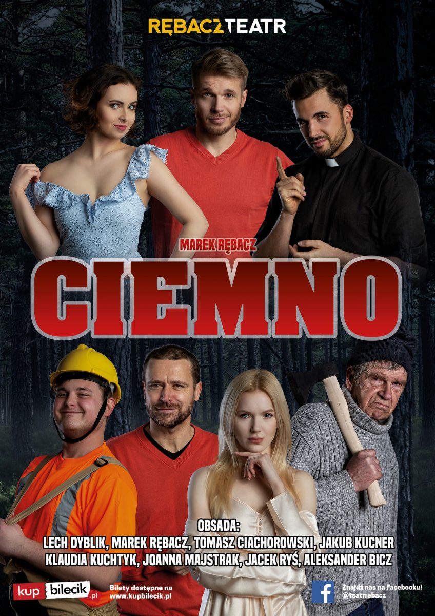 Plakat zapraszający do Szczytna na spektakl komediowy "Ciemno" Szczytno 2022.