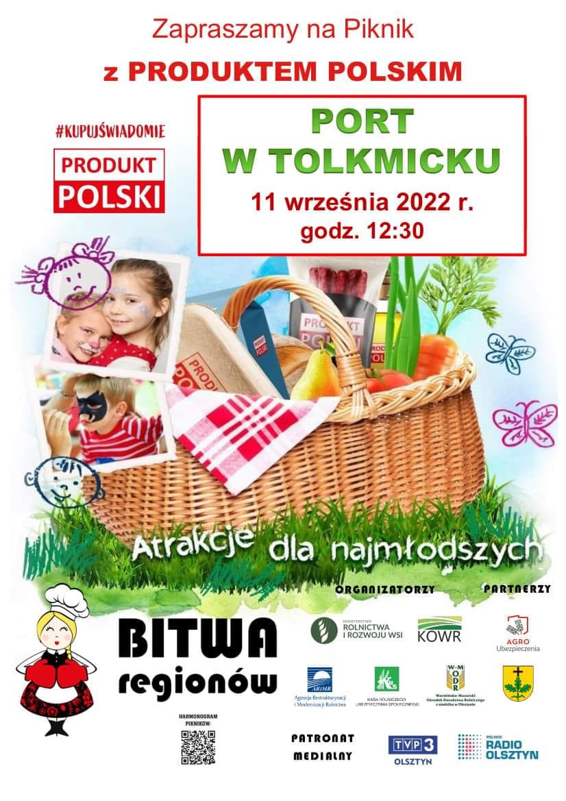 Plakat zapraszający do Tolkmicka na Piknik Rodzinny - Dzień Tolkmickiego Węgorza Tolkmicko 2022.