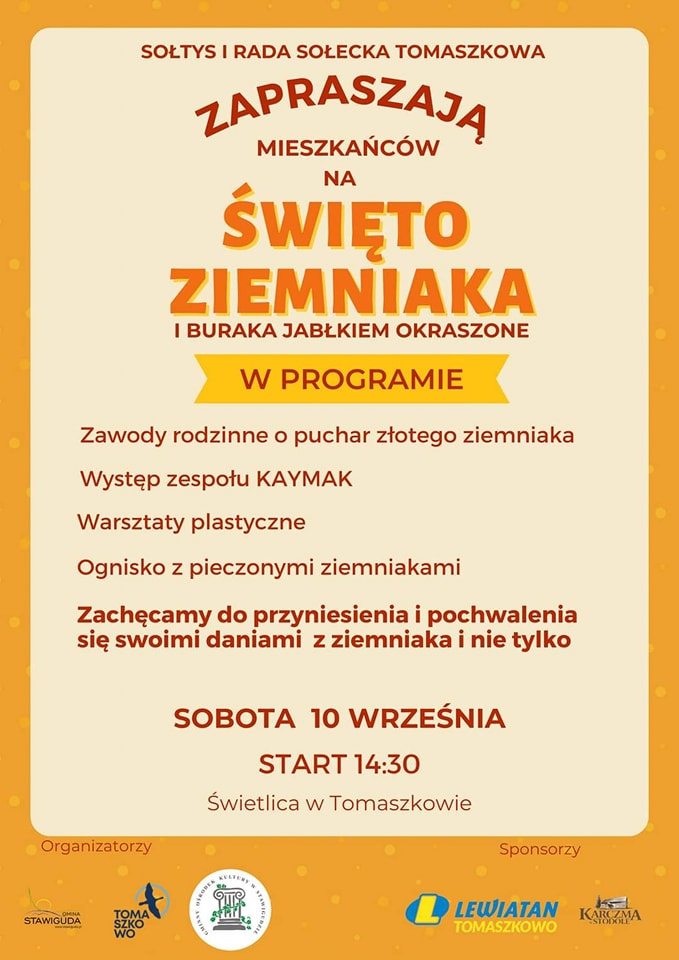 Plakat zapraszający do miejscowości Tomaszkowo w gminie Stawiguda na Święto Ziemniaka i Buraka Jabłkiem Okraszone Tomaszkowo 2022. 