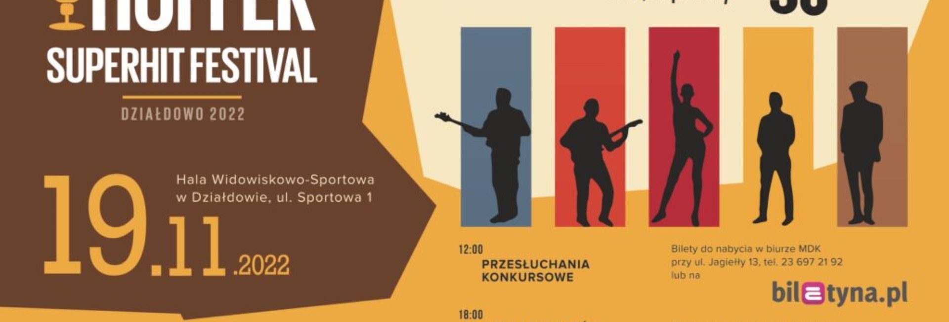 Plakat zapraszający do Działdowa na 14. edycję Ogólnopolskiego Młodzieżowego Festiwalu Piosenki Hoffer Superhit Festival Działdowo 2022.