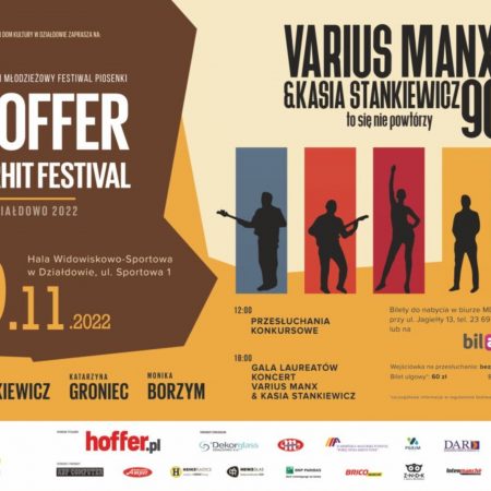 Plakat zapraszający do Działdowa na 14. edycję Ogólnopolskiego Młodzieżowego Festiwalu Piosenki Hoffer Superhit Festival Działdowo 2022.