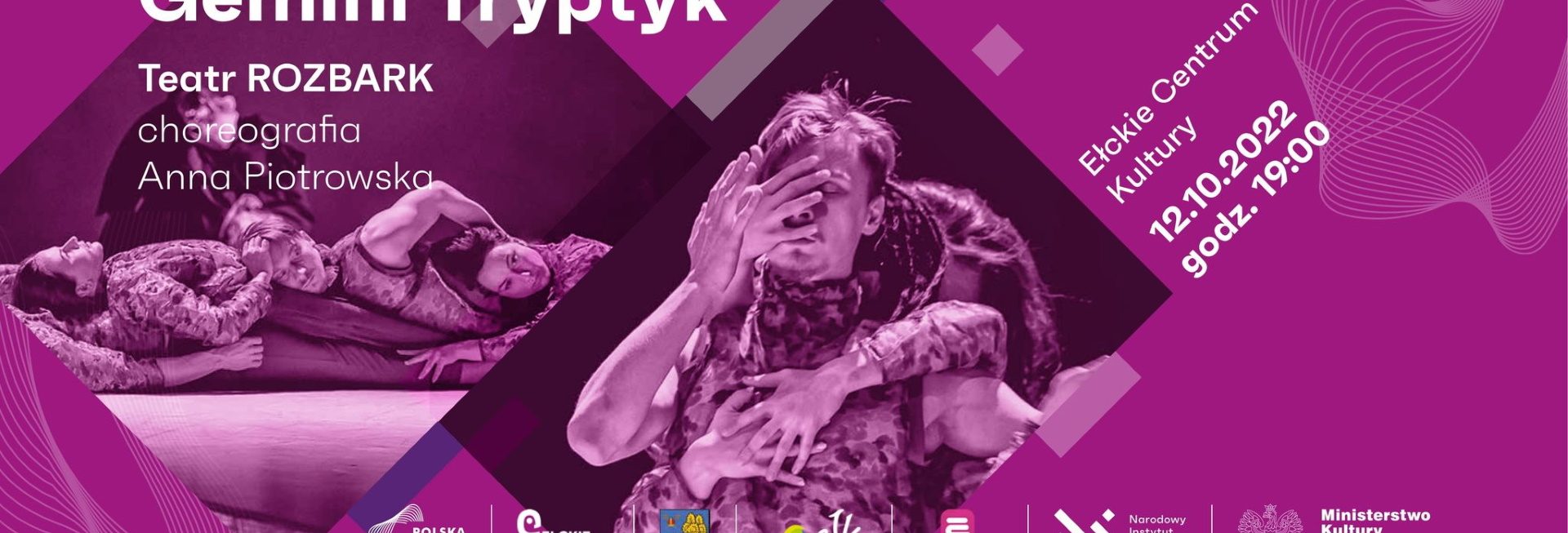 Plakat zapraszający do Ełku na spektakl teatru tańca Gemini Tryptyk - Teatr Rozbark Ełk 2022.