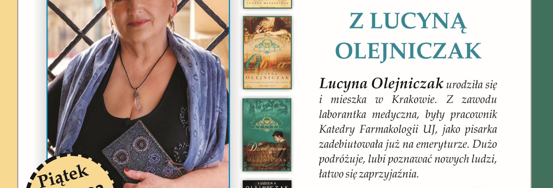 Plakat zapraszający na spotkanie autorskie z pisarką Lucyną Olejniczak Gietrzwałd 2022.