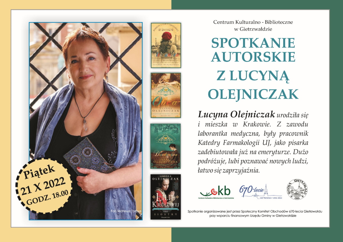 Plakat zapraszający na spotkanie autorskie z pisarką Lucyną Olejniczak Gietrzwałd 2022.