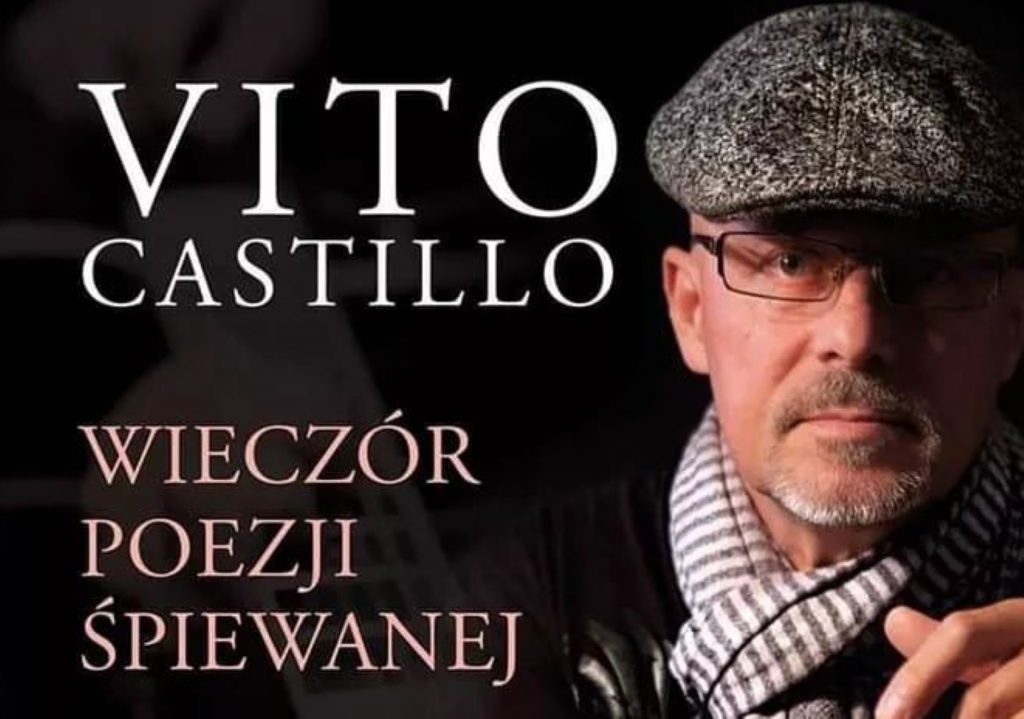 Plakat zapraszający do Centrum Kulturalno-Biblioteczne w Gietrzwałdzie na wieczór z poezją śpiewaną VITO CASTILLO Gietrzwałd 2022.