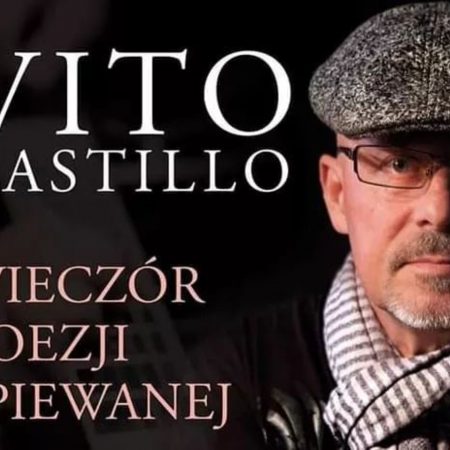 Plakat zapraszający do Centrum Kulturalno-Biblioteczne w Gietrzwałdzie na wieczór z poezją śpiewaną VITO CASTILLO Gietrzwałd 2022.