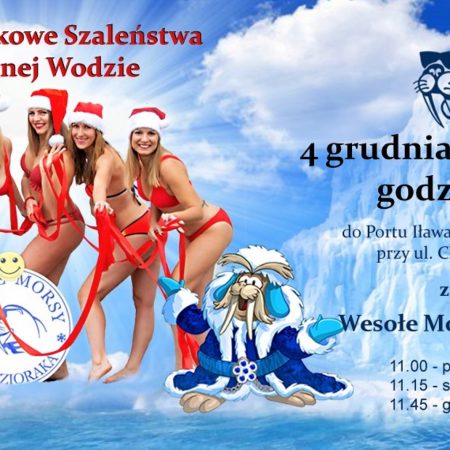 Plakat zapraszający do Iławy na 4. edycję Mikołajkowych Szaleństw w Zimnej Wodzie - Iława 2022.
