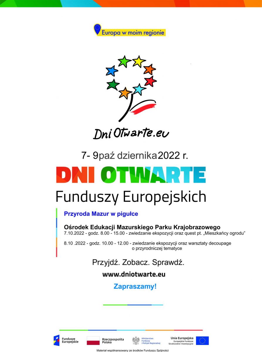 Plakat zapraszający do Krutyni na Dni Otwartych Funduszy Europejskich „Przyroda Mazur w pigułce” Krutynia 2022.