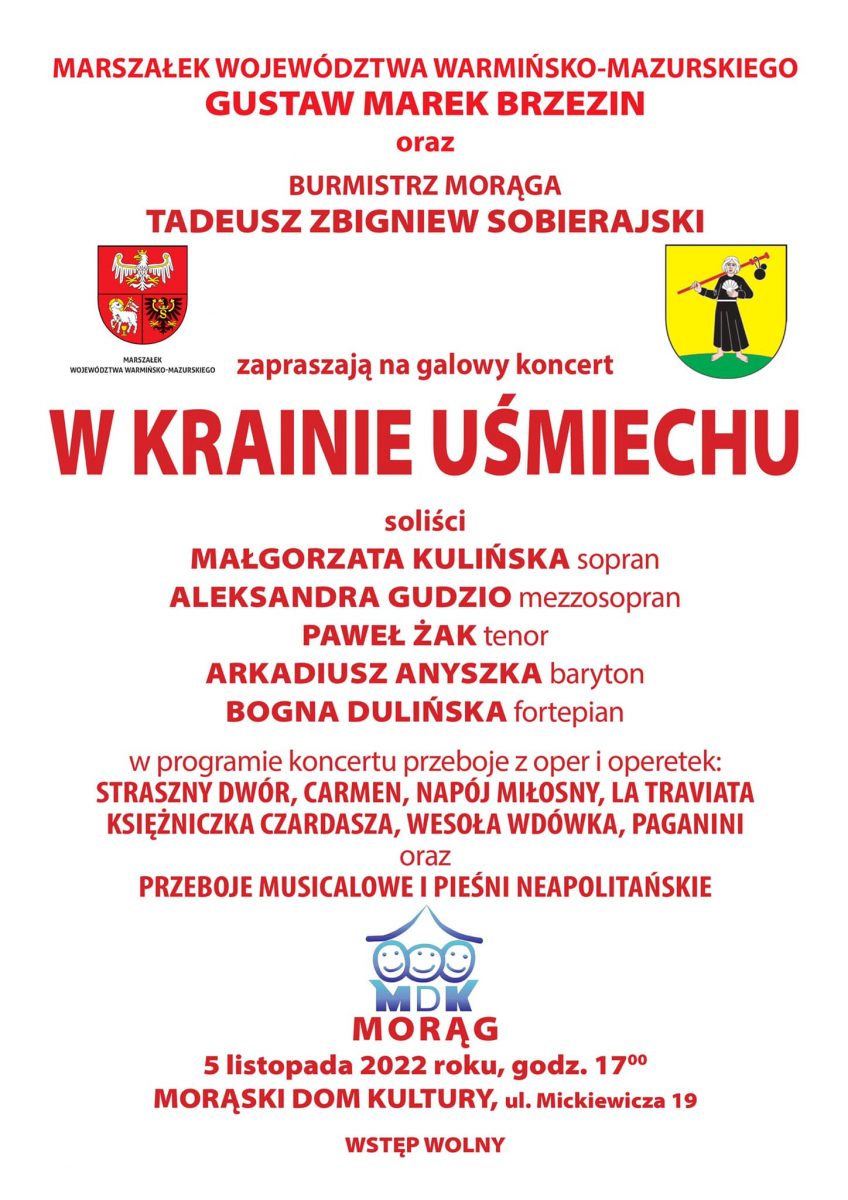 Plakat zapraszający do Morąga na Galowy Koncert "W KRAINIE UŚMIECHU" Morąg 2022.