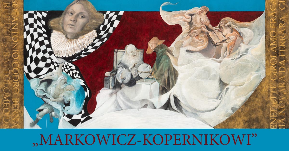 Plakat graficzny zapraszający do Olsztyna na spektakl „Stół urodzinowy Mikołaja Kopernika” w Muzeum Warmii i Mazur Olsztyński Zamek 2022.