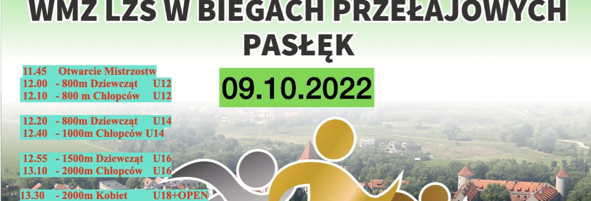 Plakat zapraszający do Pasłęka na Mistrzostwa Województwa WMZ LZS w Biegach Przełajowych Pasłęk 2022.