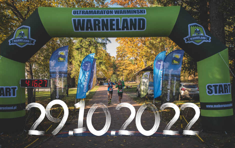 Plakat zapraszający na jesienny Bieg Ultramaraton Warmiński Warneland Stawiguda 2022. 