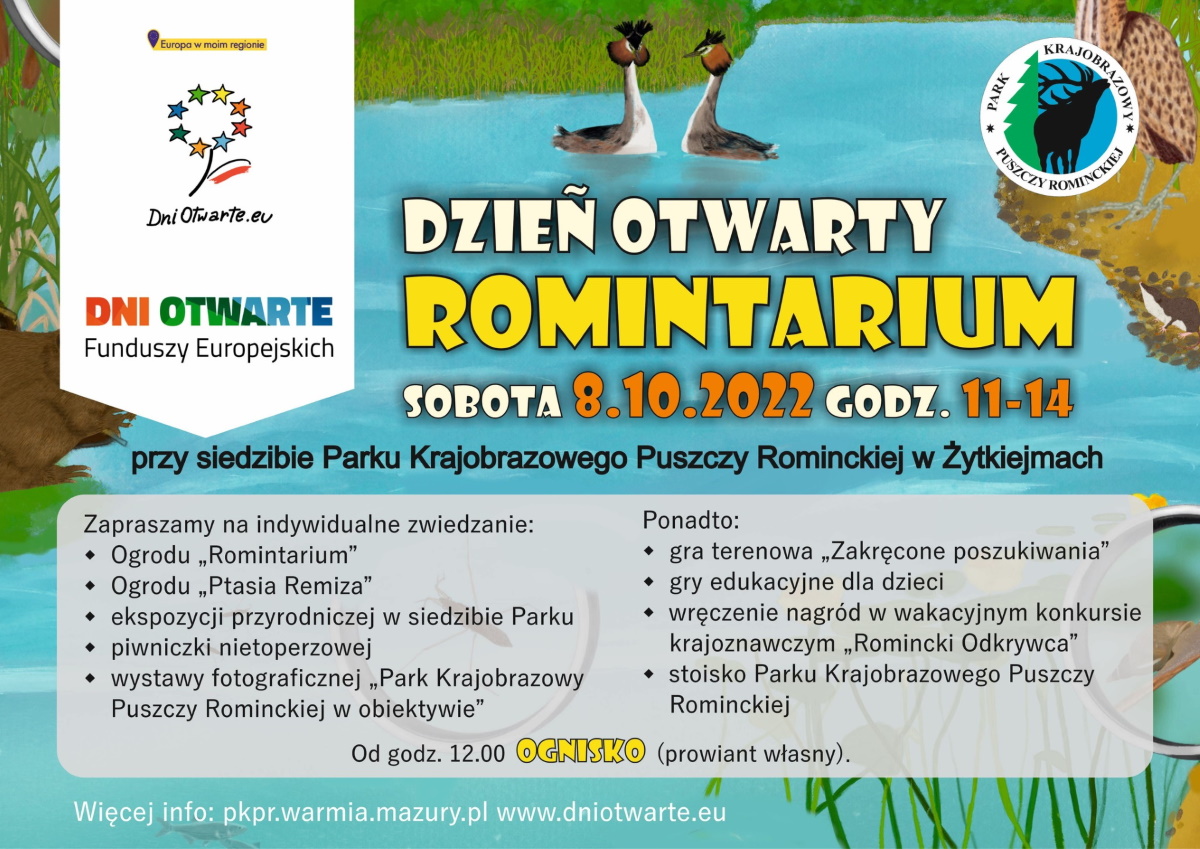 Plakat zapraszający do miejscowości Żytkiejmy w powiecie gołdapskim do Parku Krajobrazowego Puszczy Rominckiej na Dni Otwartych Funduszy Europejskich - "Dzień Otwarty Romintarium" Żytkiejmy 2022.   