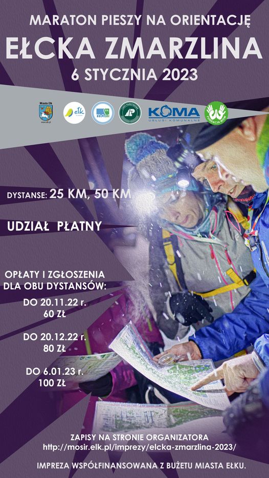 Plakat zapraszający do Ełku na cykliczną sportową imprezę cieszącą się dużym zainteresowaniem - maraton pieszy na orientację EŁCKA ZMARZLINA Ełk 2023. 