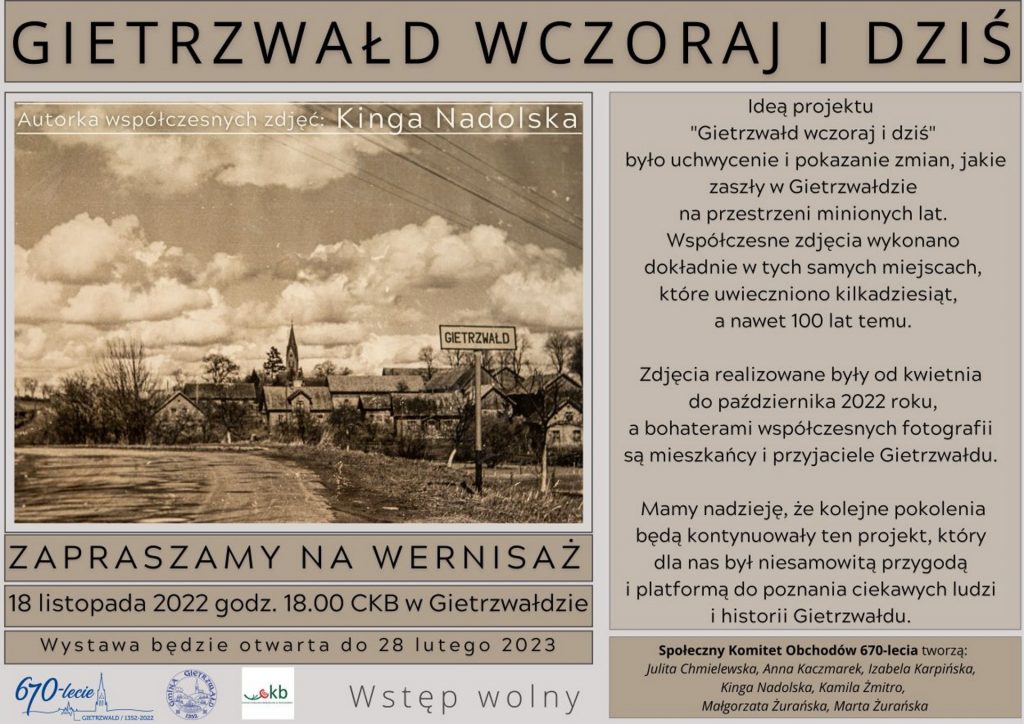 Plakat zapraszający na wernisaż fotografii Kingi Nadolskiej "GIETRZWAŁD WCZORAJ I DZIŚ" Gietrzwałd 2022.