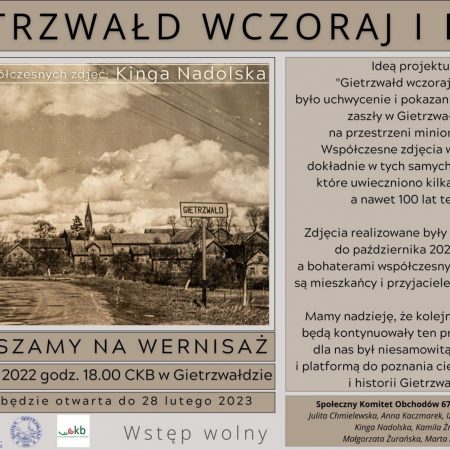 Plakat zapraszający na wernisaż fotografii Kingi Nadolskiej "GIETRZWAŁD WCZORAJ I DZIŚ" Gietrzwałd 2022.