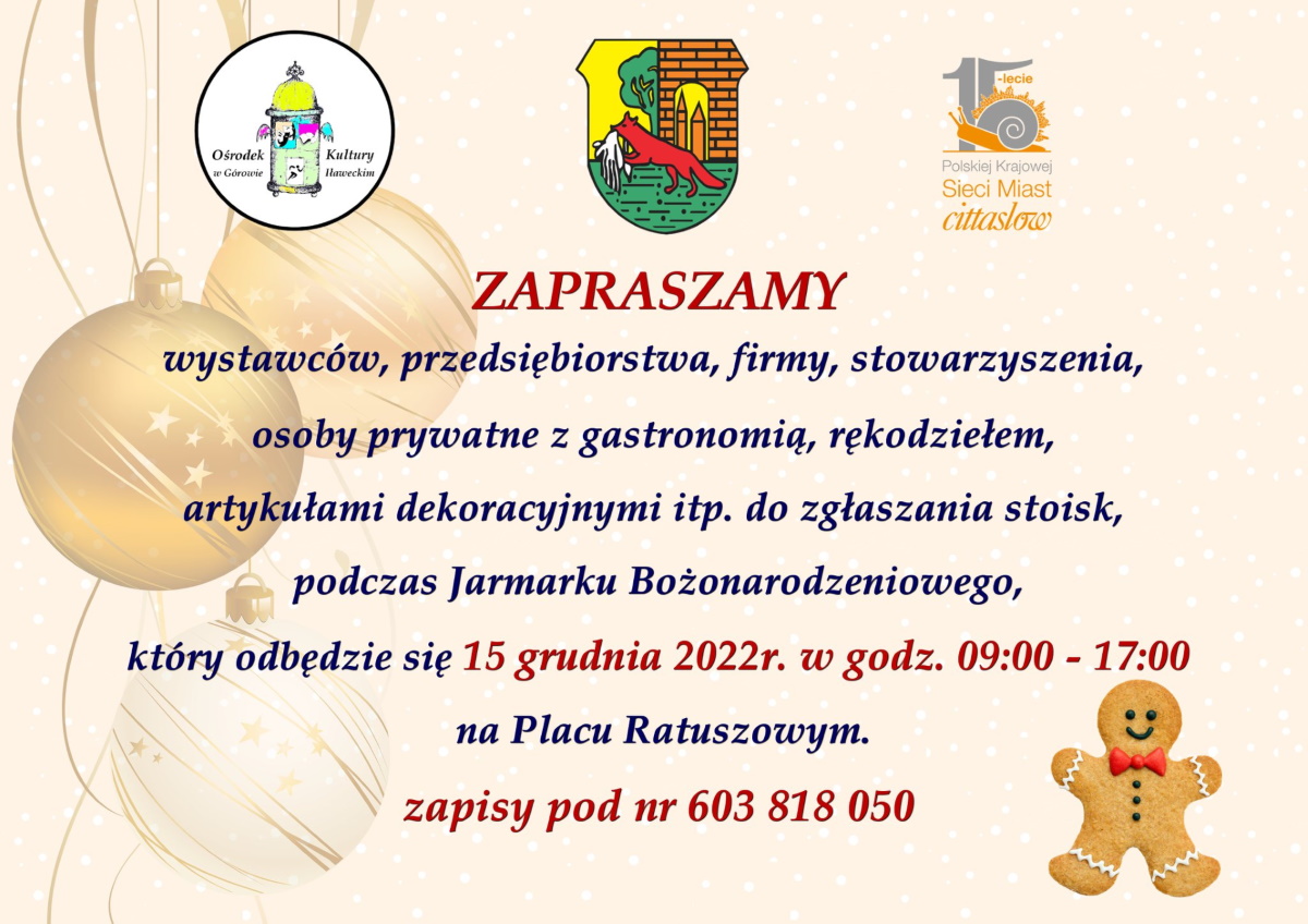 Plakat zapraszający do Górowa Iławeckiego na coroczny Jarmark Bożonarodzeniowy Górowo Iławeckie 2022.  